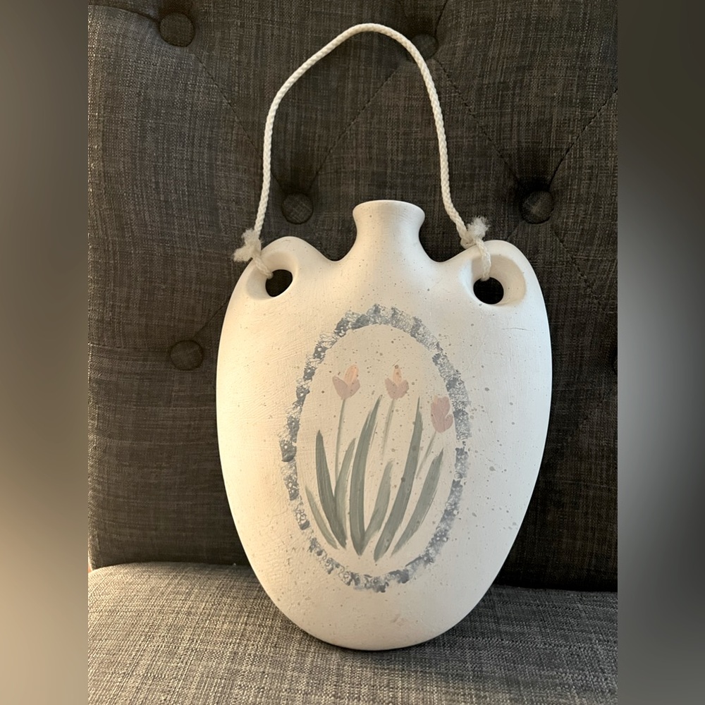 Vintage hanging planter with Painted Floral Design
